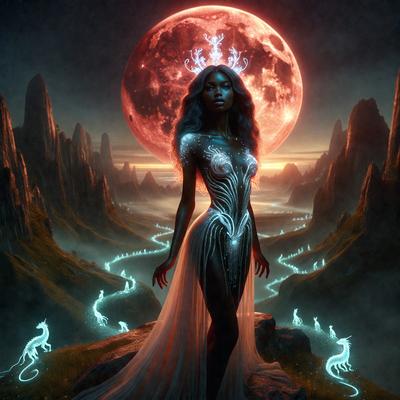 The primary subject of the image is a woman dressed in a flowing gown, standing on a hill with a red moon in the background. The setting appears to be a fantasy or surreal landscape, with the woman being the main focus of the scene. The visual style of the image is digital art, with the woman's gown and the moon being the main elements of the composition. The colors and mood of the image are predominantly red and orange, creating a dramatic and captivating atmosphere.